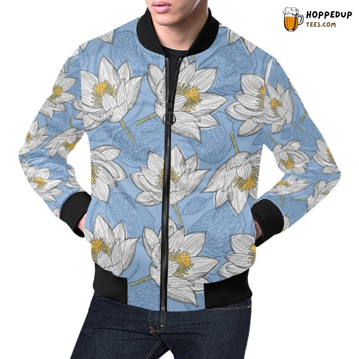 Trendy Lotus Pattern Print Design Men’s Fashion Forward Bomber Jacket