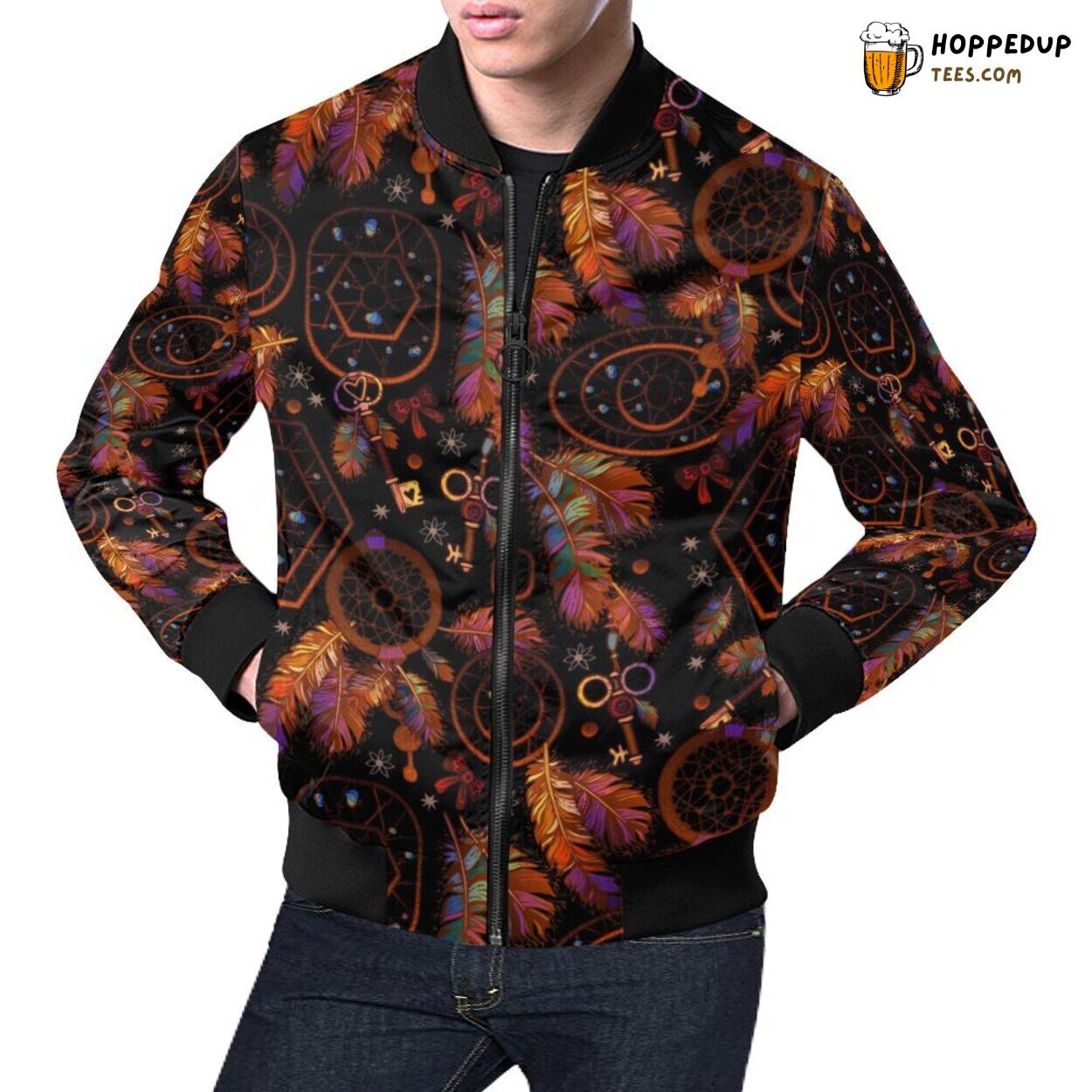 Tribal Dream Catcher Feather Pattern Men’s Bomber Jacket Unique Designer Print Tribal Dream Catcher Feather Pattern Men’s Bomber Jacket Unique Designer Print
