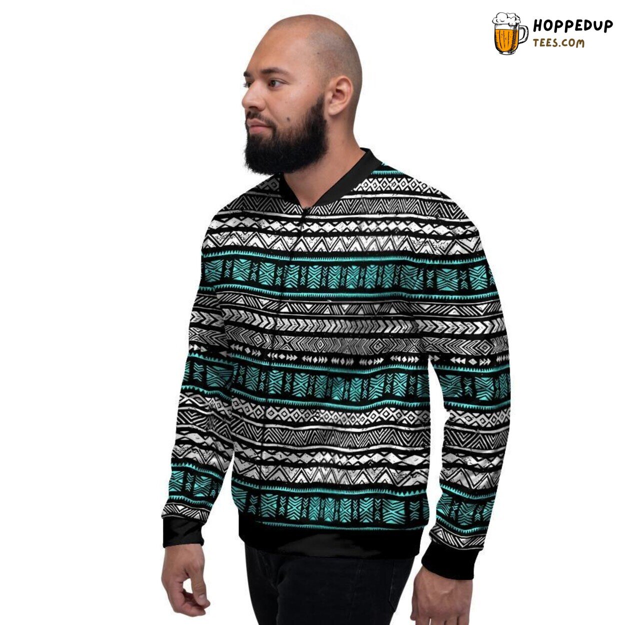 Tribal Navajo Turquoise White Hand Drawn Men’s Bomber Jacket Cultural Design