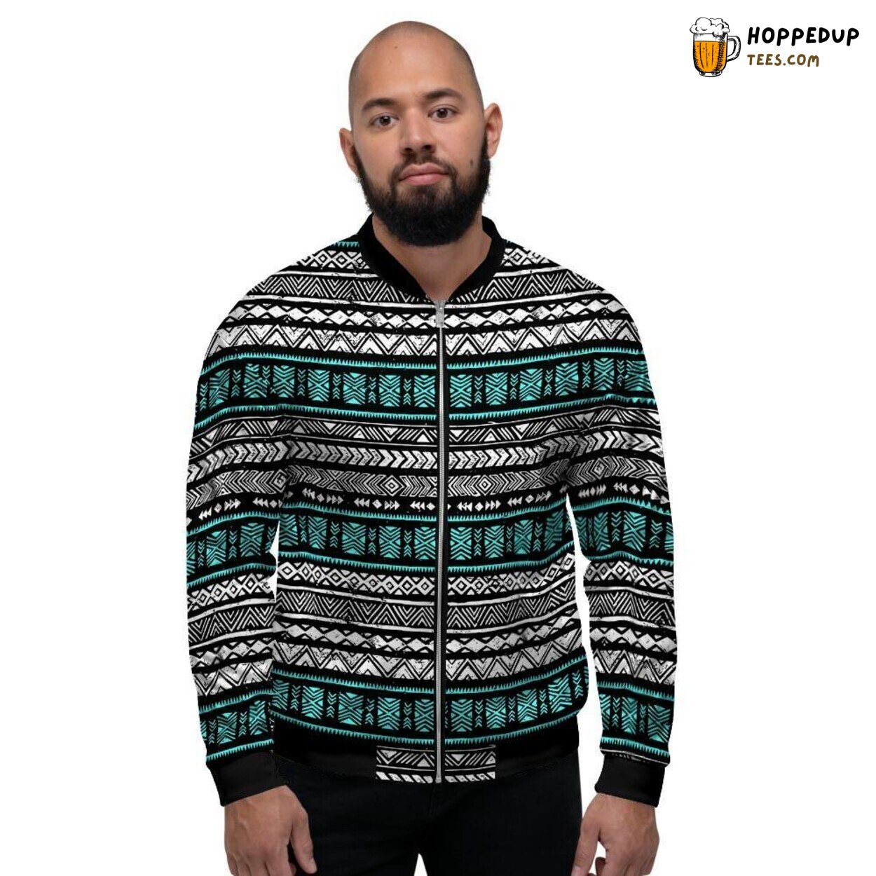 Tribal Navajo Turquoise White Hand Drawn Men’s Bomber Jacket Cultural Design