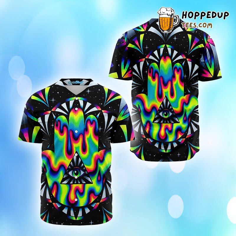 Trippy Hamsa Acid Pattern 3D Printed Baseball Jersey Spiritual Graphic Trippy Hamsa Acid Pattern 3D Printed Baseball Jersey Spiritual Graphic