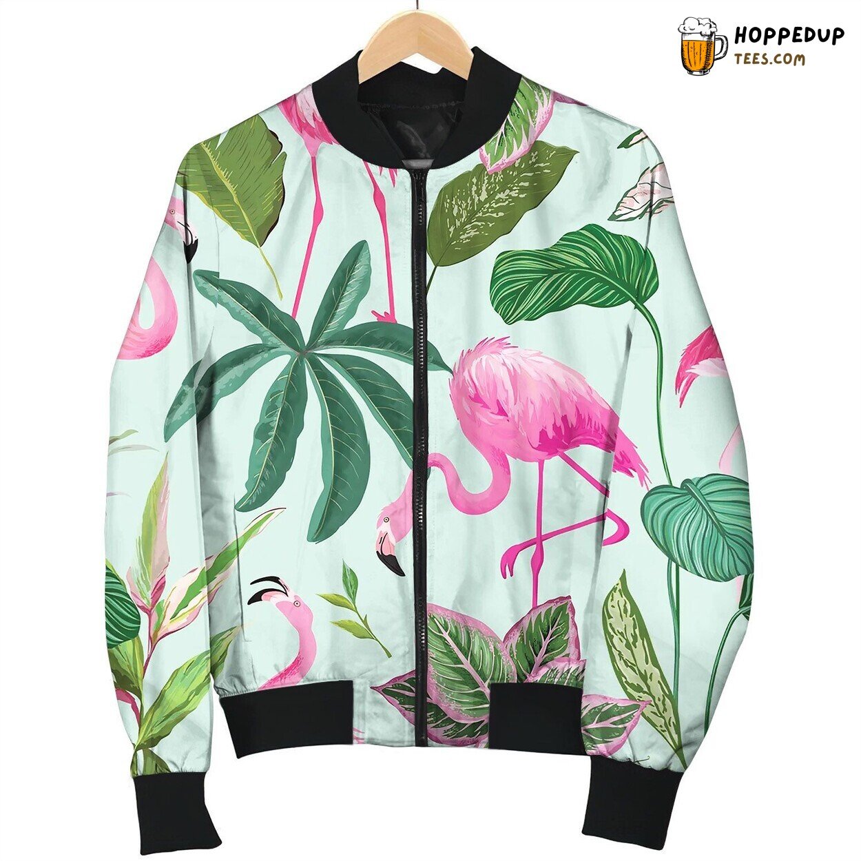 Tropical Background With Flamingo And Palm Leaves Bomber Jacket