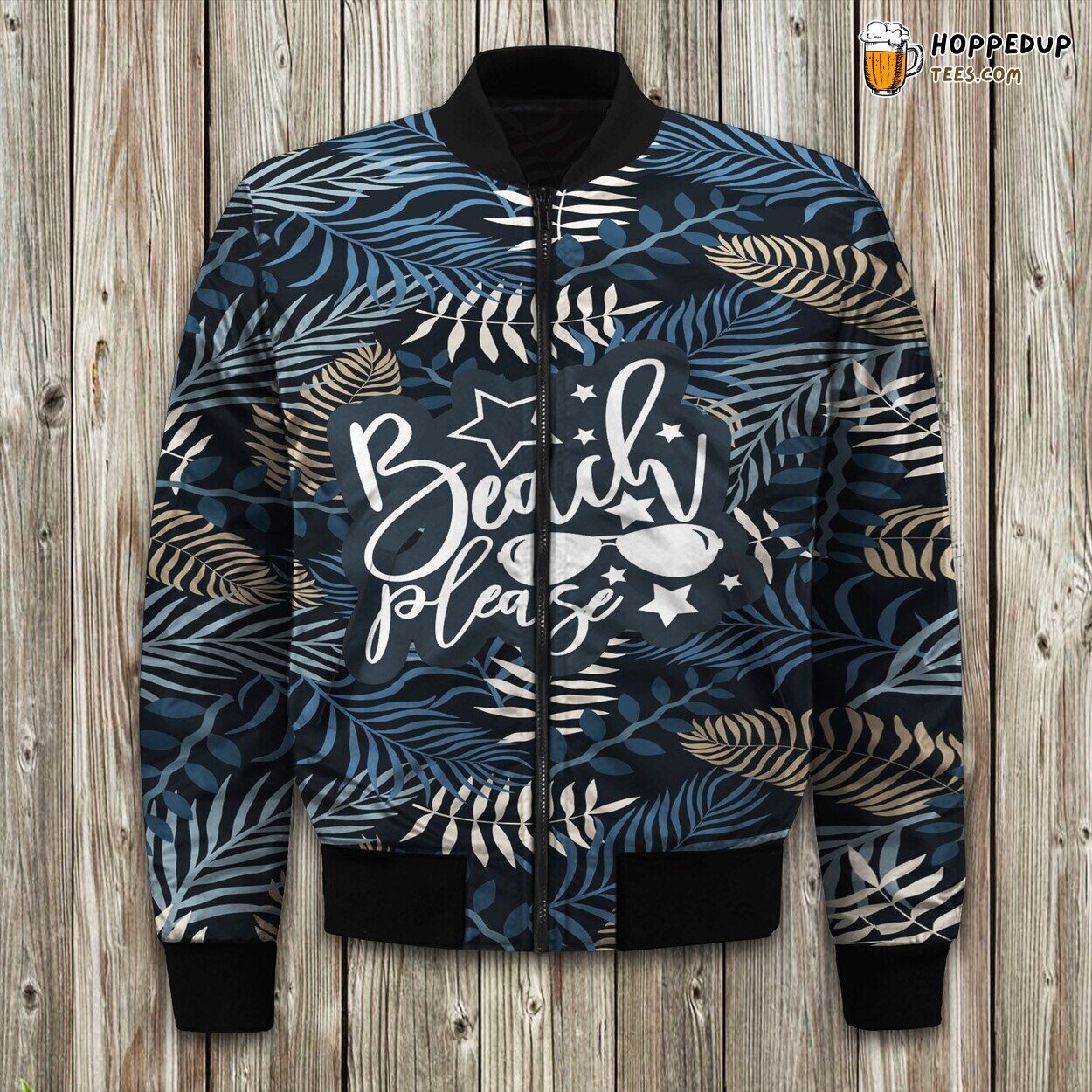 Tropical Beach Scene Winter Bomber Jacket Warm Sands and Palms in Frost
