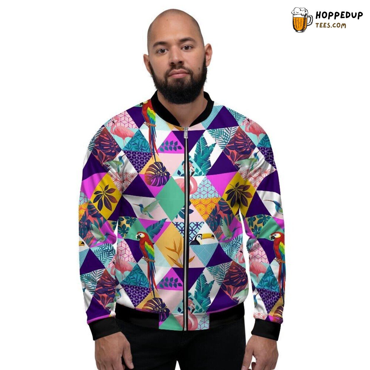 Tropical Bird Patchwork Artistry Men’s Bomber Jacket Exotic Feather Display