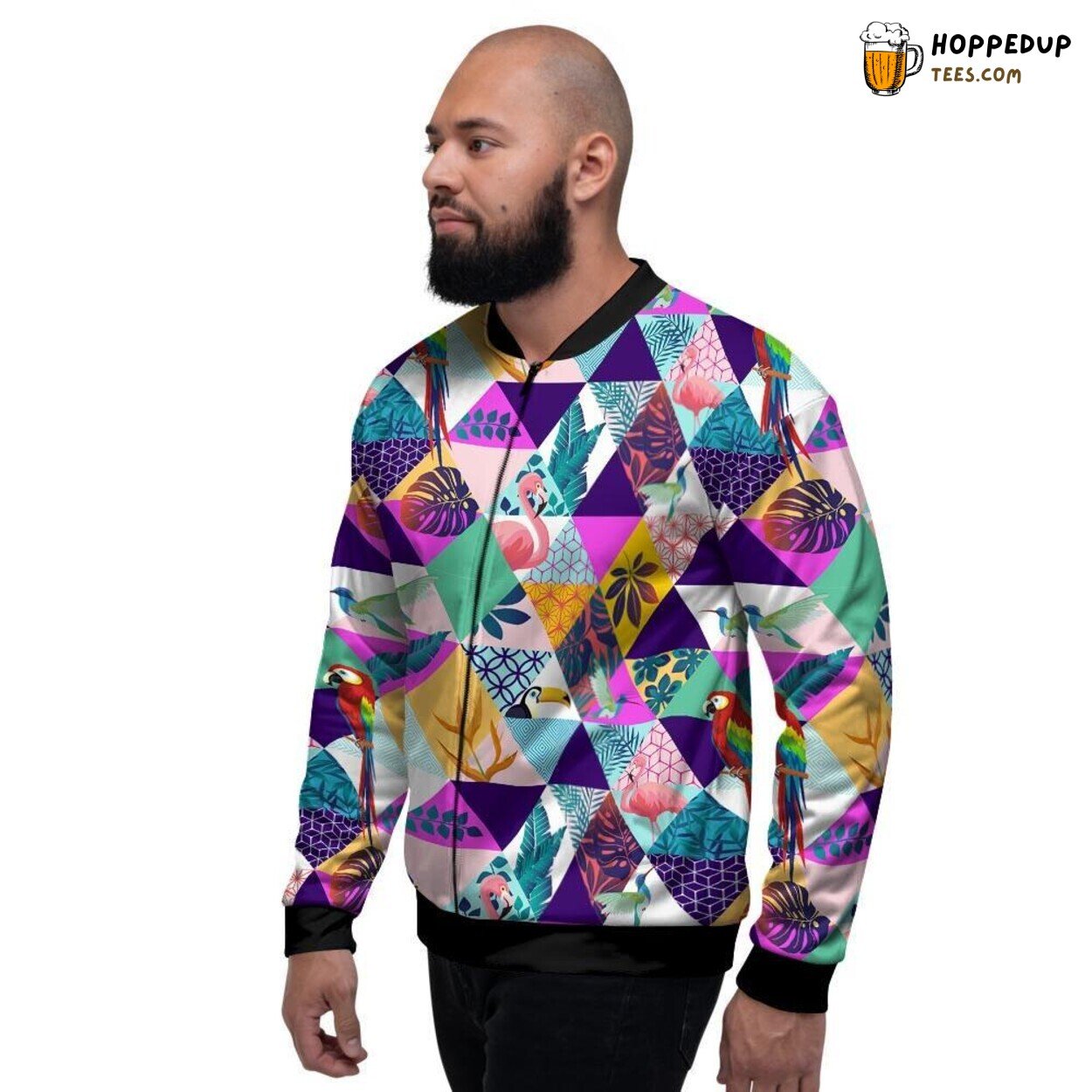 Tropical Bird Patchwork Artistry Men’s Bomber Jacket Exotic Feather Display