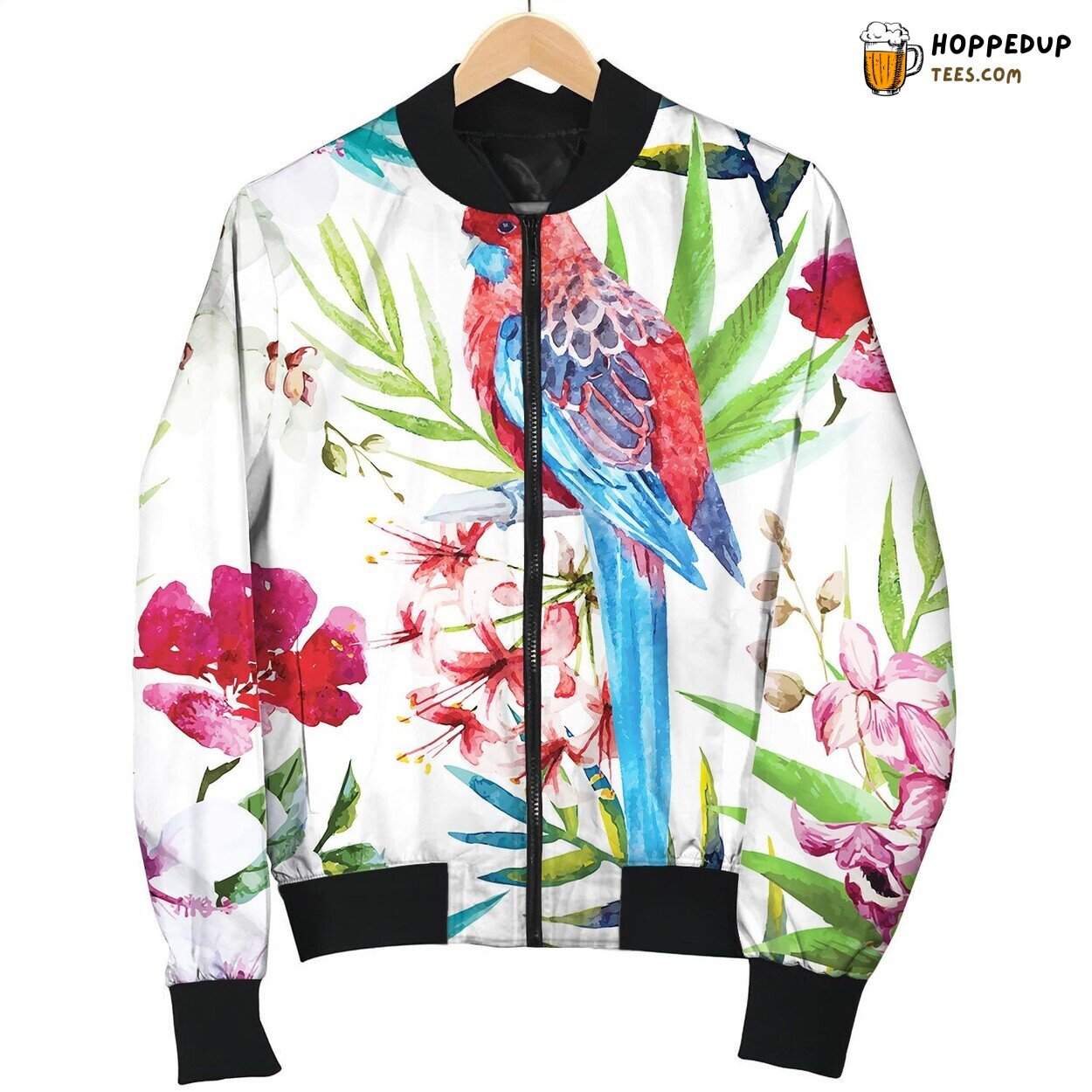Tropical Bird Pattern Bomber Jacket