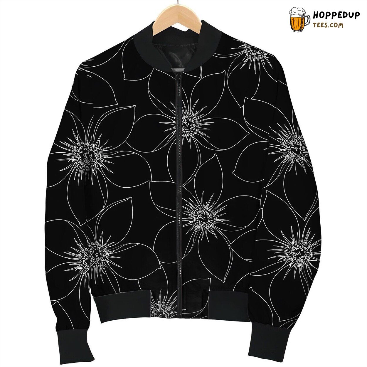 Tropical Black And White Hibiscus Floral Seamless Bomber Jacket