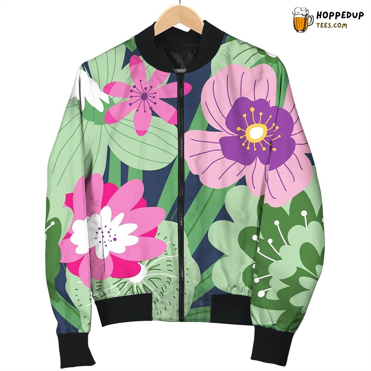 Tropical Blooming Flowers And Leaves Bomber Jacket