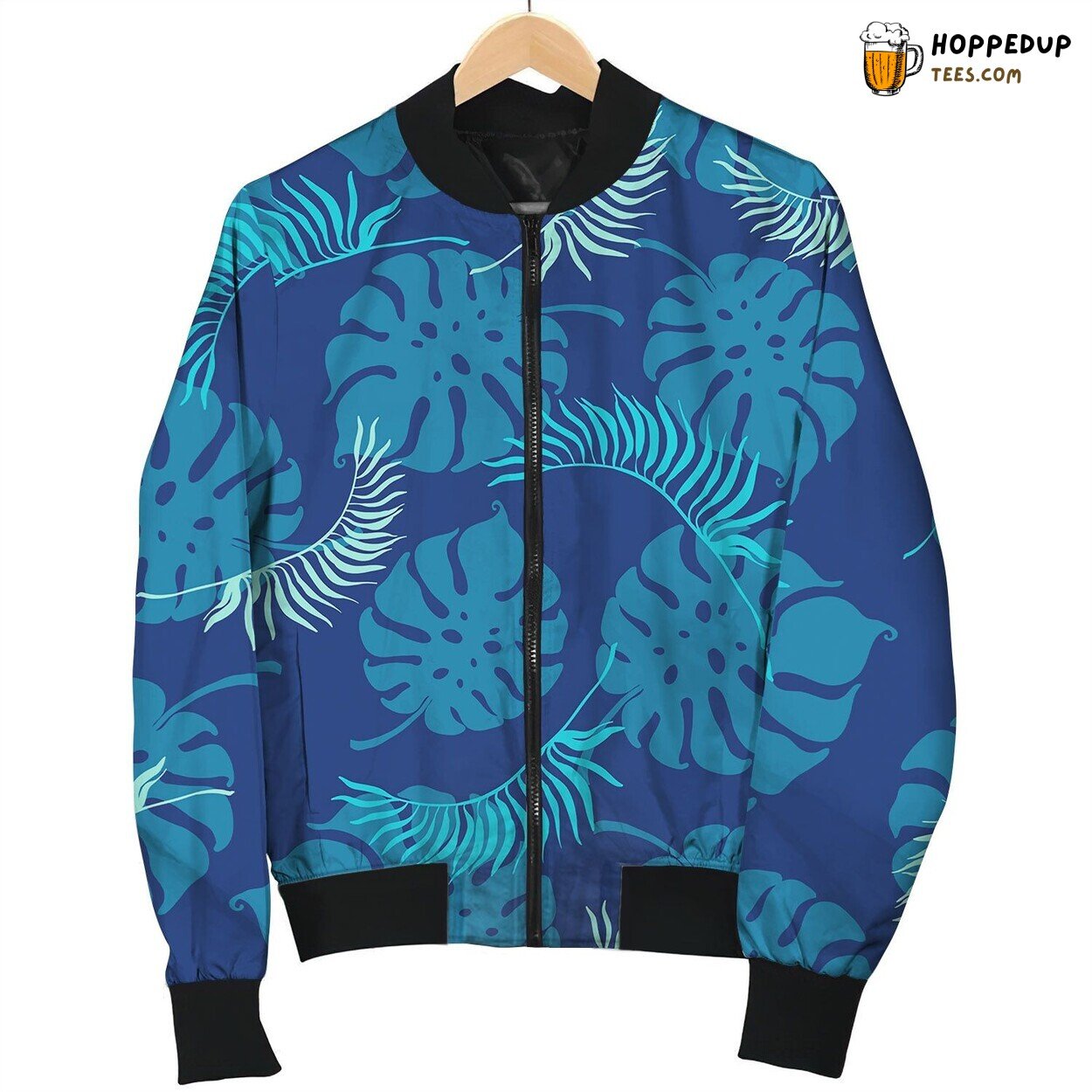 Tropical Blue Leaves Seamless Repeat Pattern Bomber Jacket
