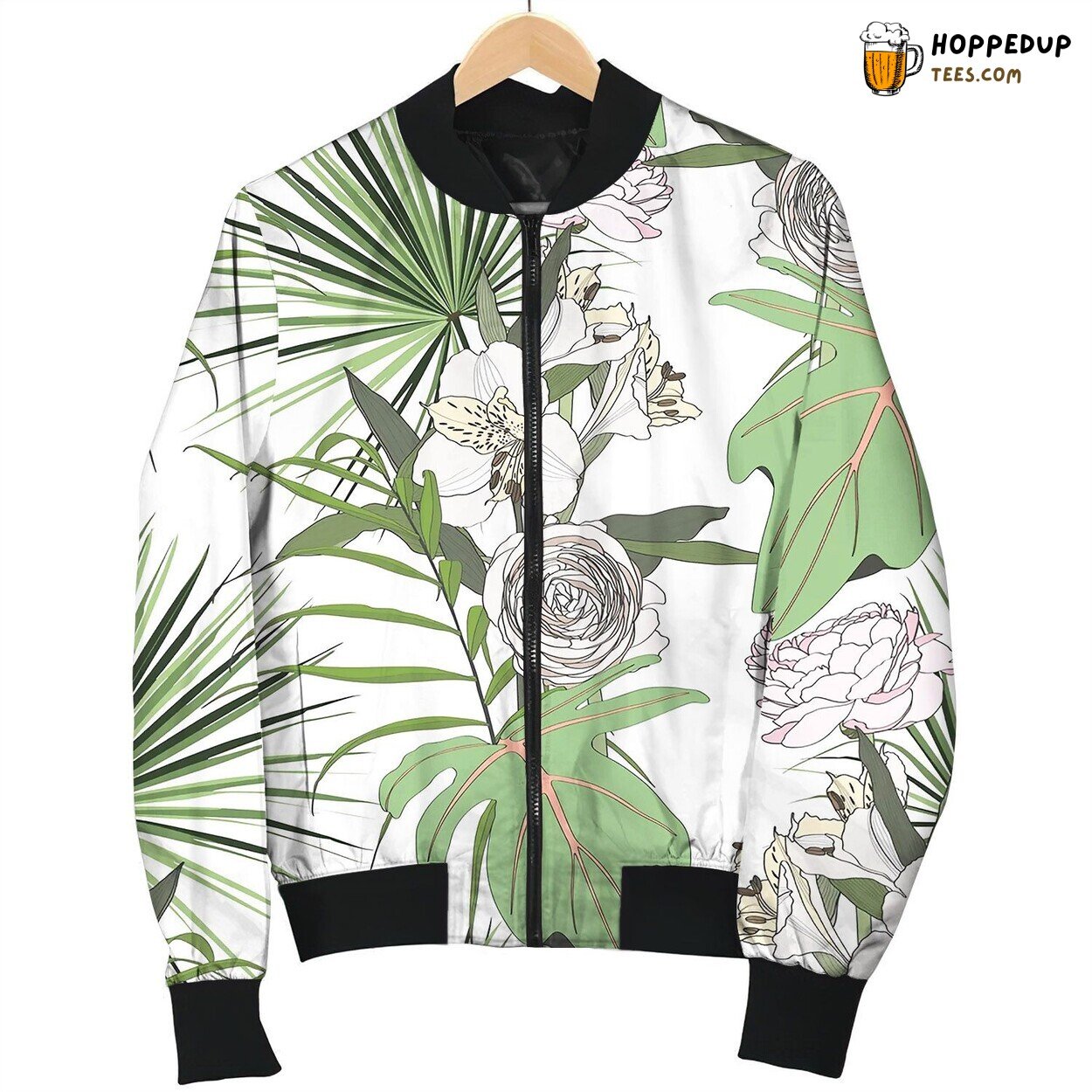 Tropical Bright Green Leaves And Flowers Seamless Bomber Jacket