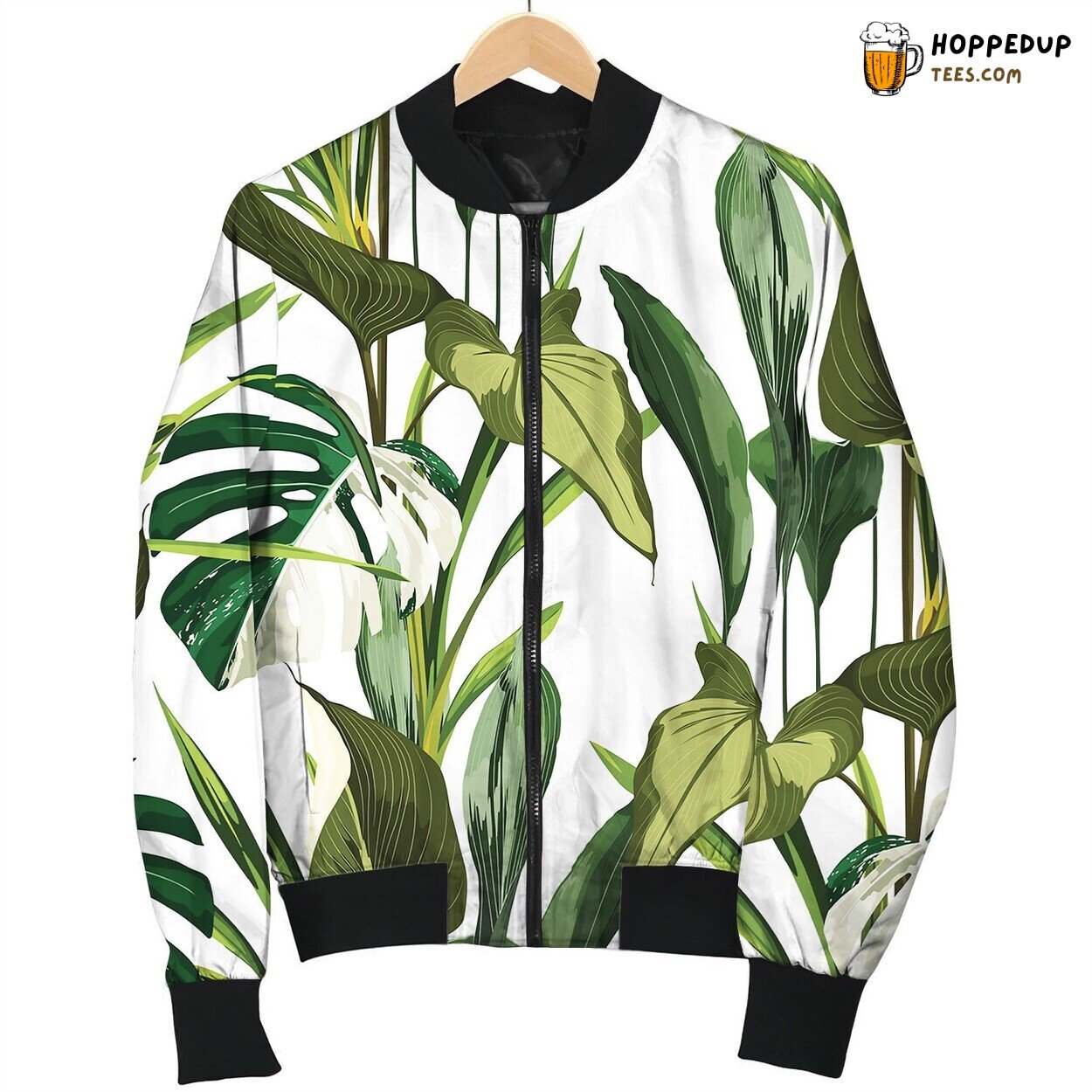 Tropical Bright Green Leaves Seamless Pattern Bomber Jacket
