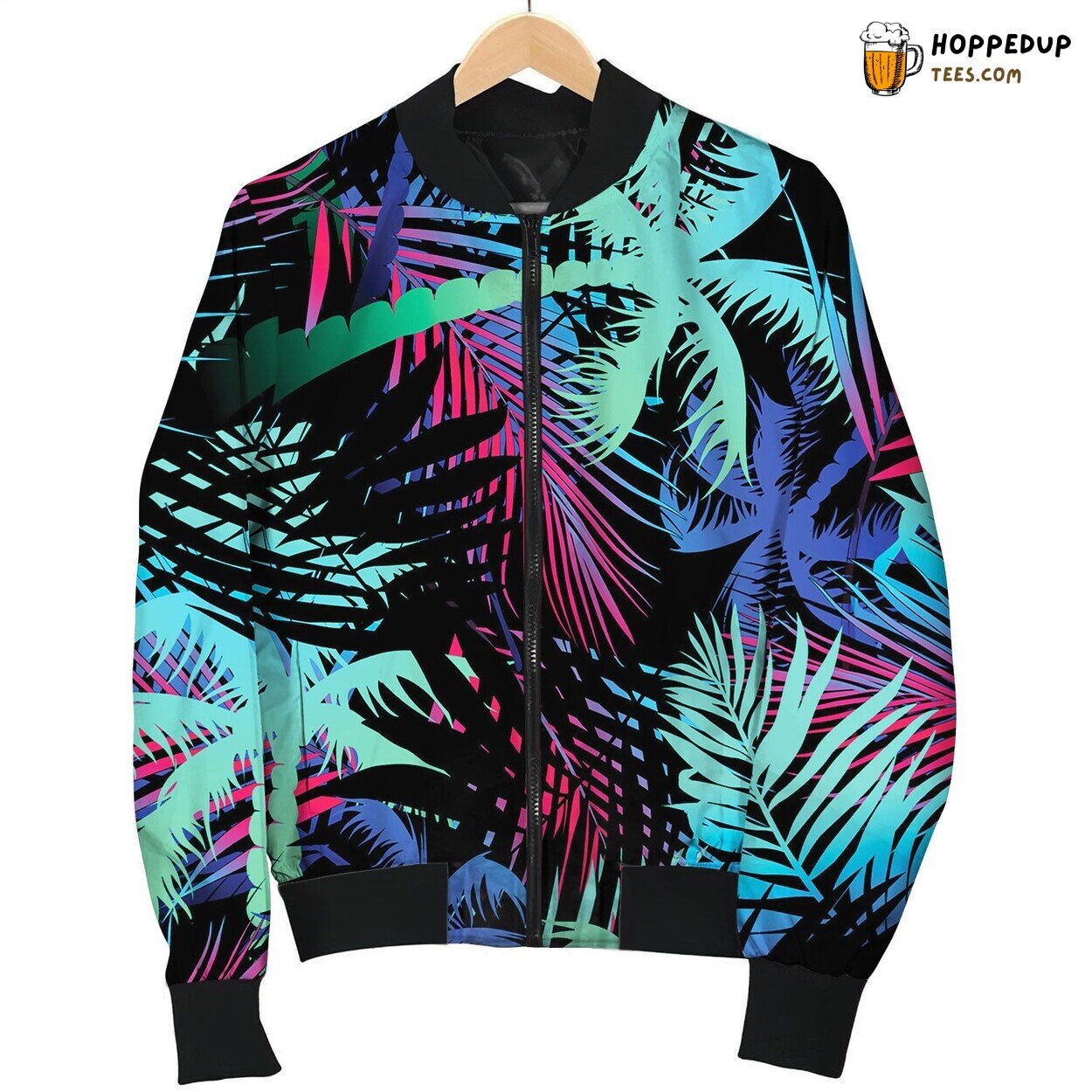 Tropical Colored Palm Leaves Seamless Pattern Bomber Jacket