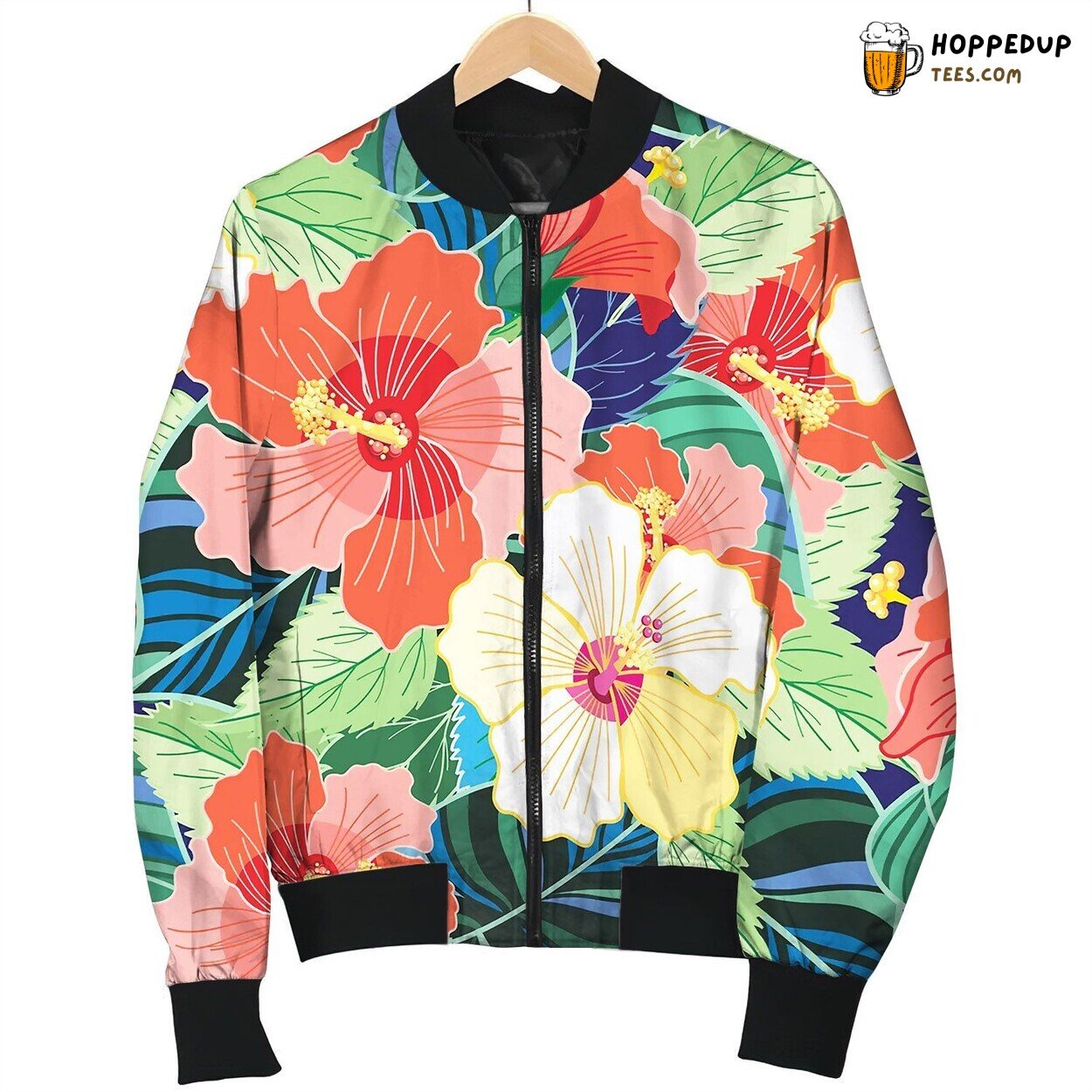 Tropical Colorful Hibiscus Pattern Bomber Jacket