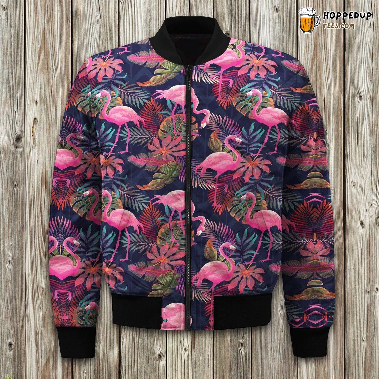 Tropical Flamingo Palm Leaves Hawaiian Floral Bomber Jacket