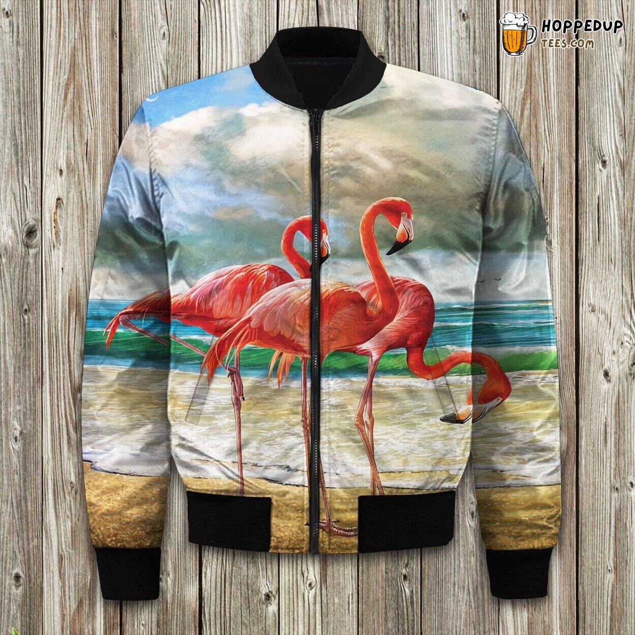 Tropical Flamingos Print Winter Bomber Jacket Beach Inspired Elegance