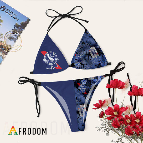 Tropical Floral Pabst Blue Ribbon Triangle Bikini Set Swimsuit HU