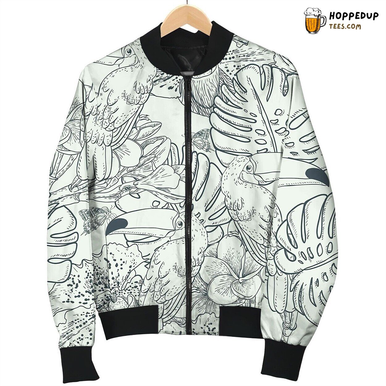 Tropical Floral Seamless Background With Toucan Bomber Jacket