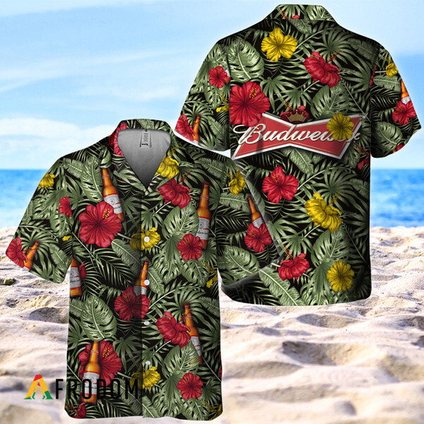 Tropical Flower With Palm Leaves Budweiser Hawaiian Shirt HU