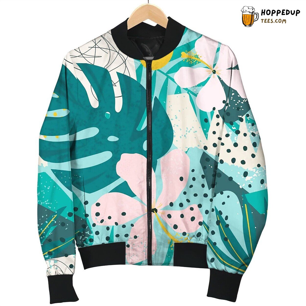Tropical Flowers And Palm Leaves On Bomber Jacket
