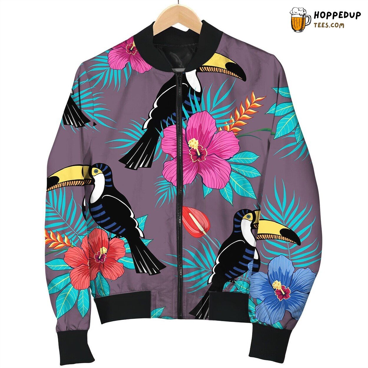 Tropical Flowers And Toucan Pattern Bomber Jacket