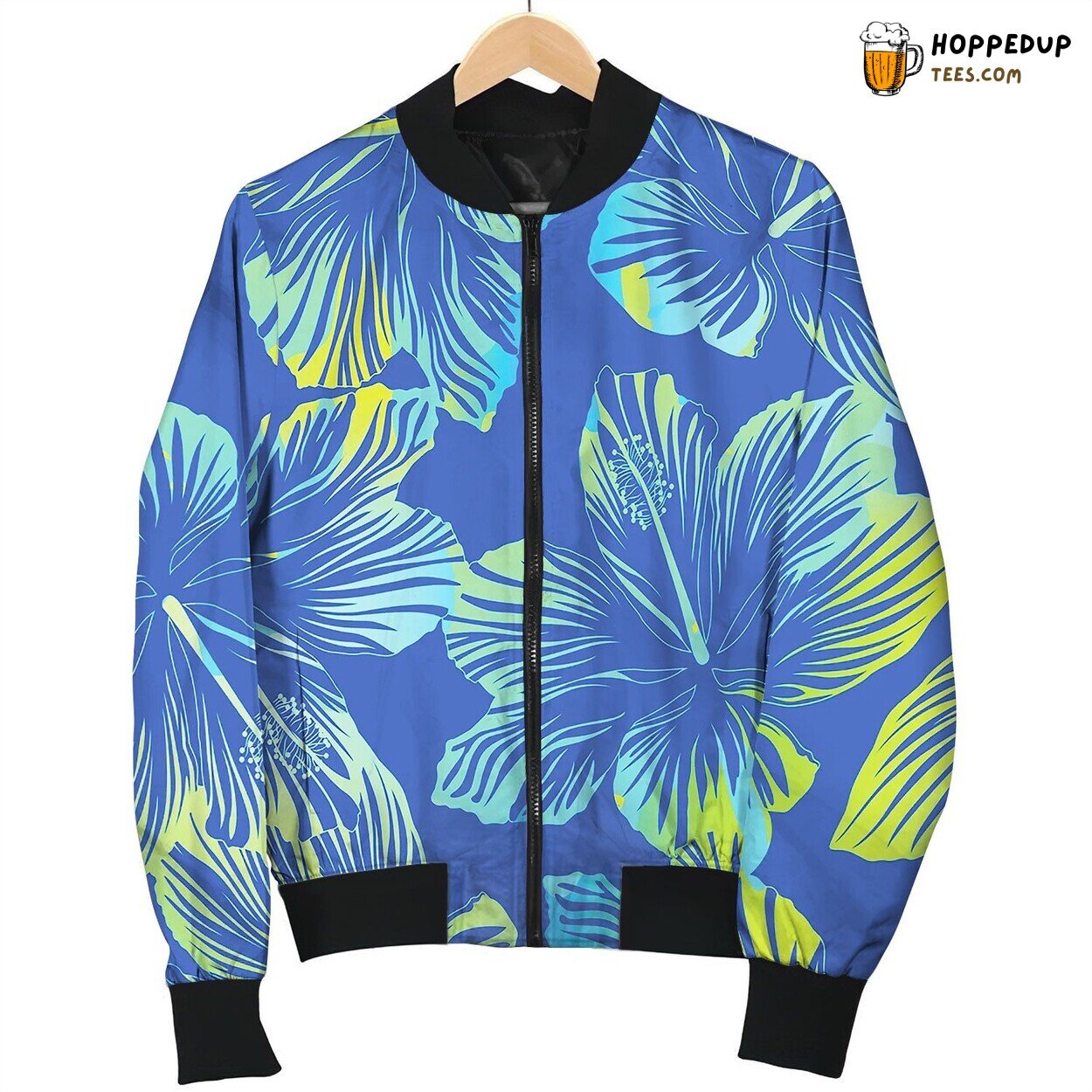 Tropical Flowers Blue Seamless Pattern Bomber Jacket