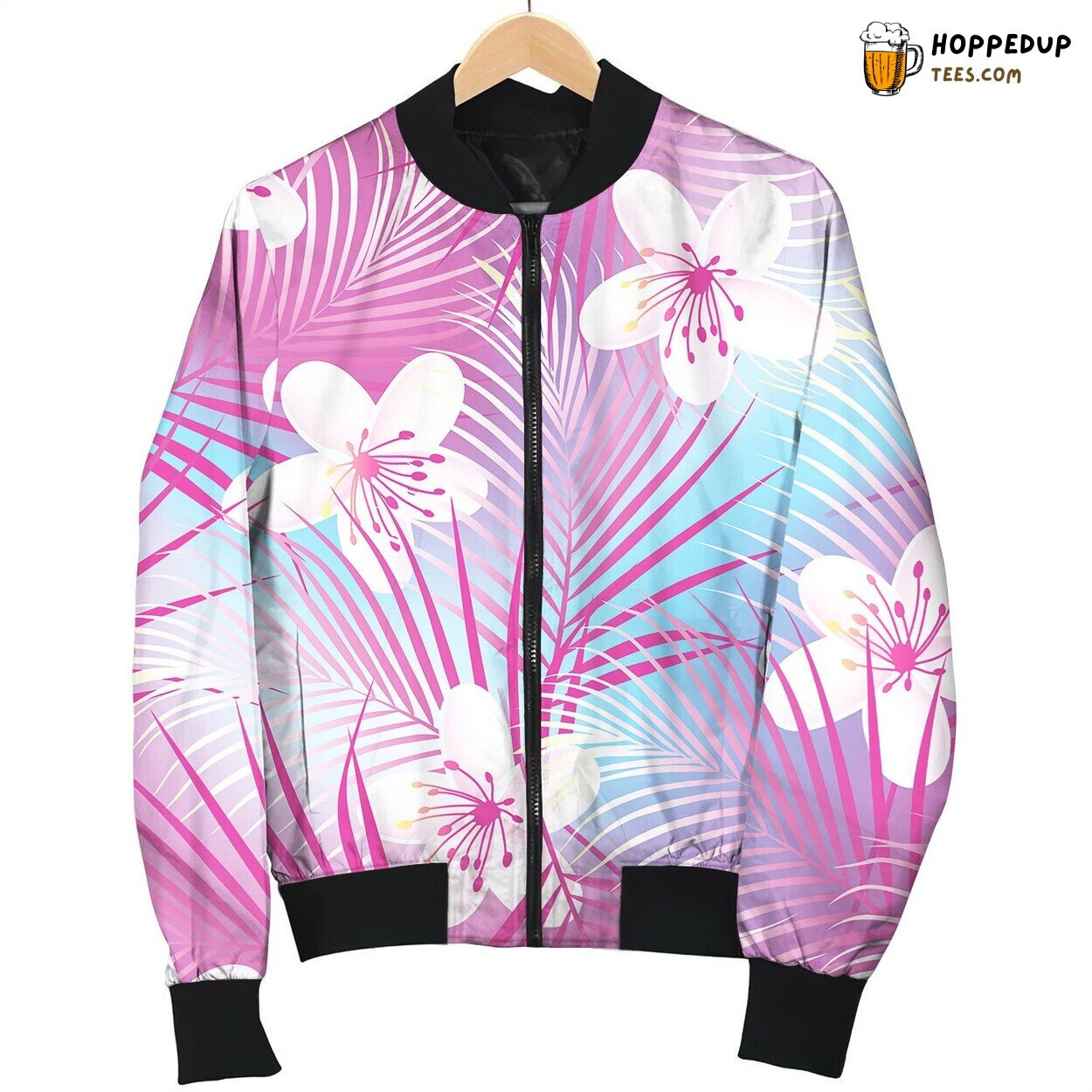 Tropical Frangipani Hibiscus With Pink Palms Bomber Jacket