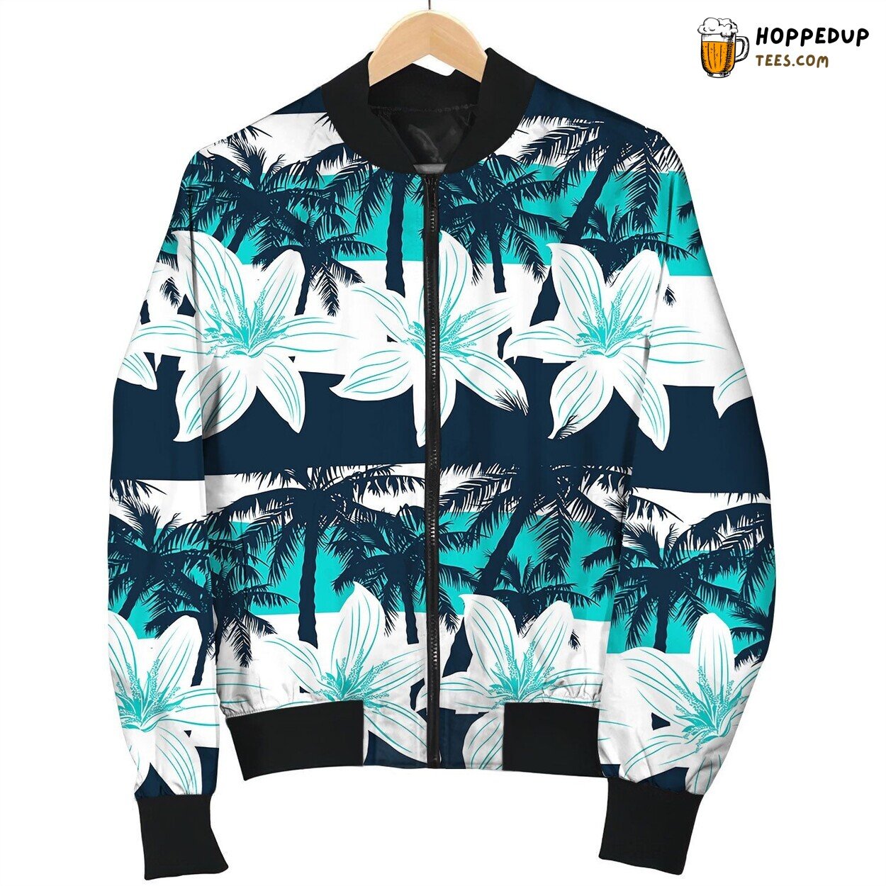 Tropical Frangipani With Palms And Stripes Bomber Jacket