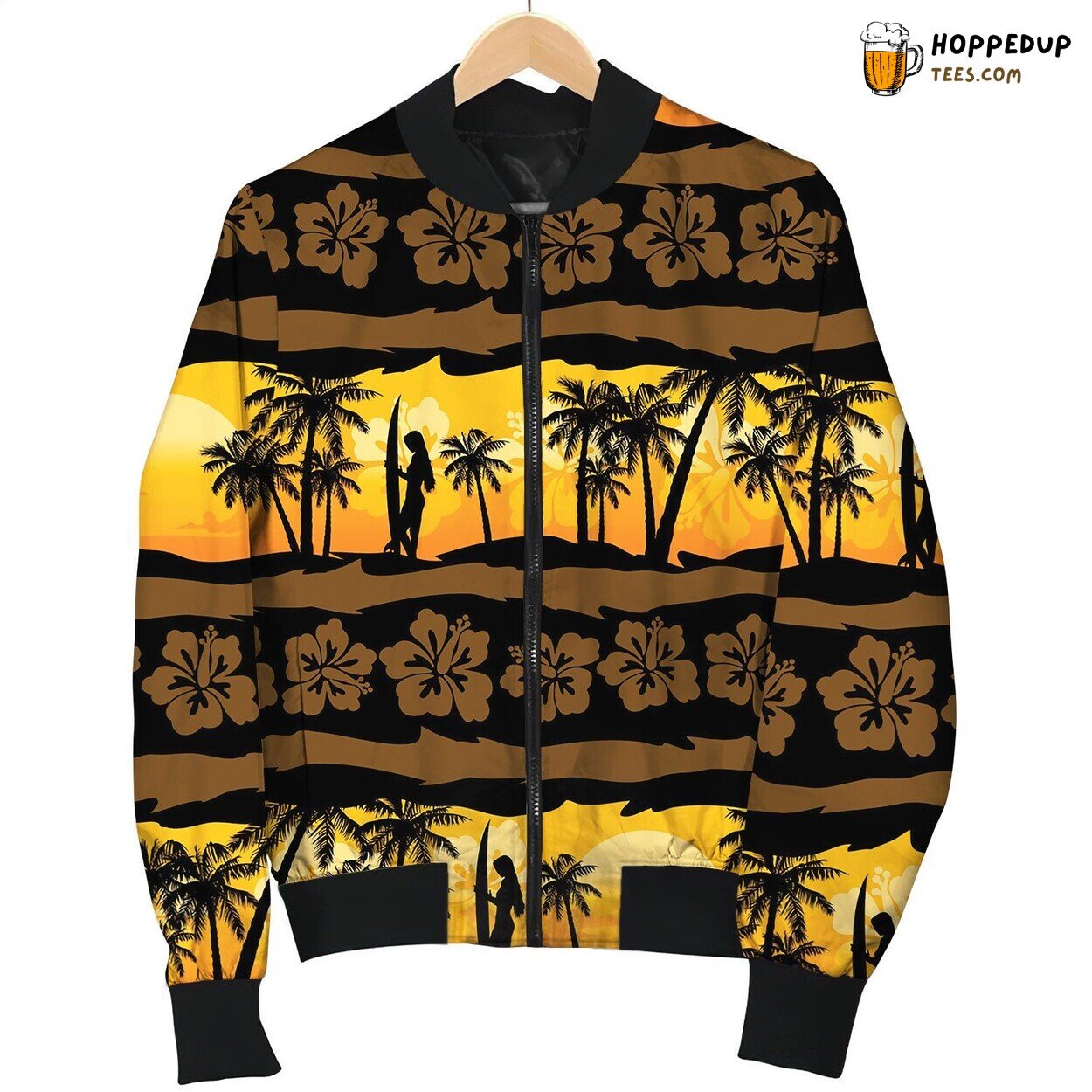 Tropical Frangipani With Palms Sunrise Seamless Bomber Jacket