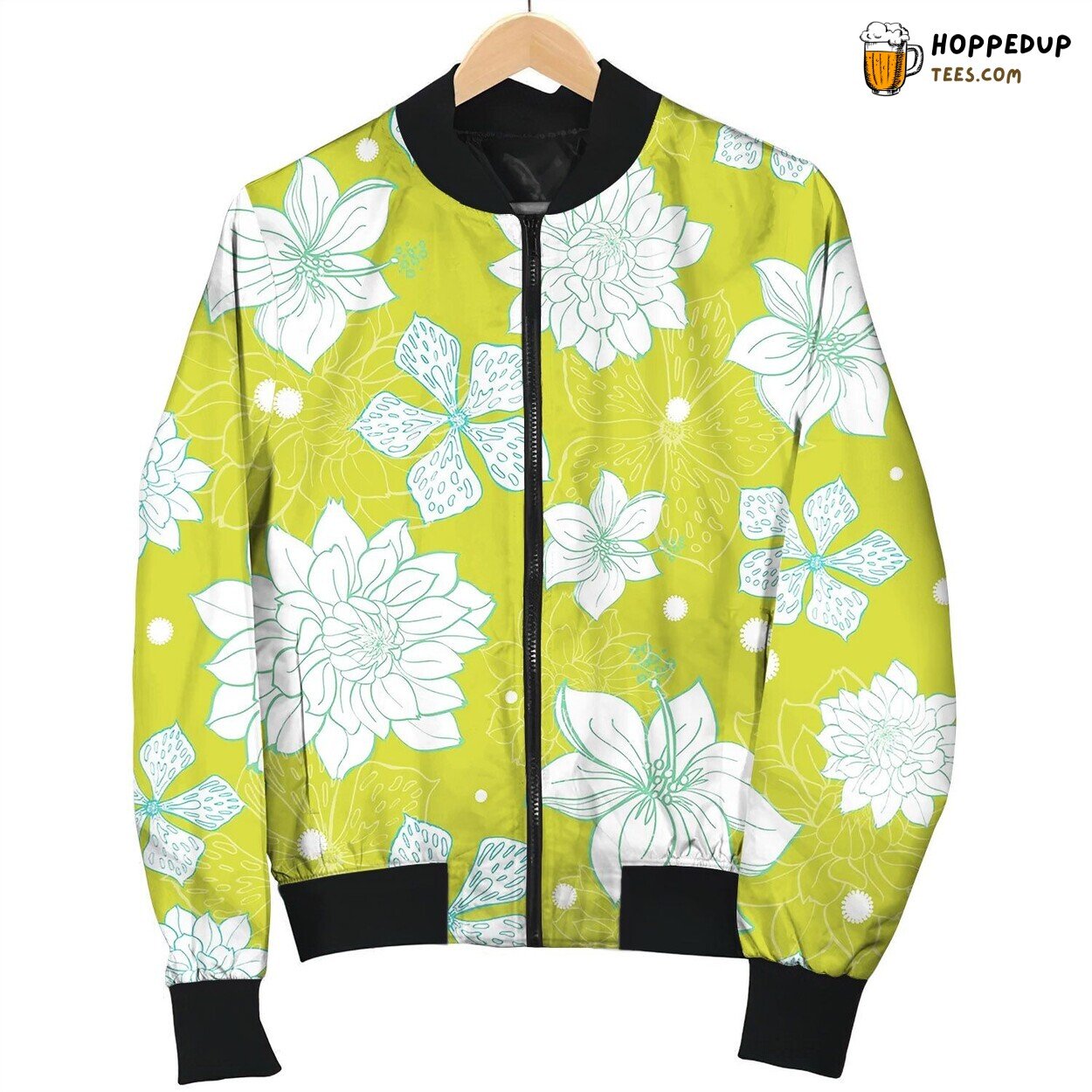 Tropical Green Blue Flowers Seamless Repeat Bomber Jacket