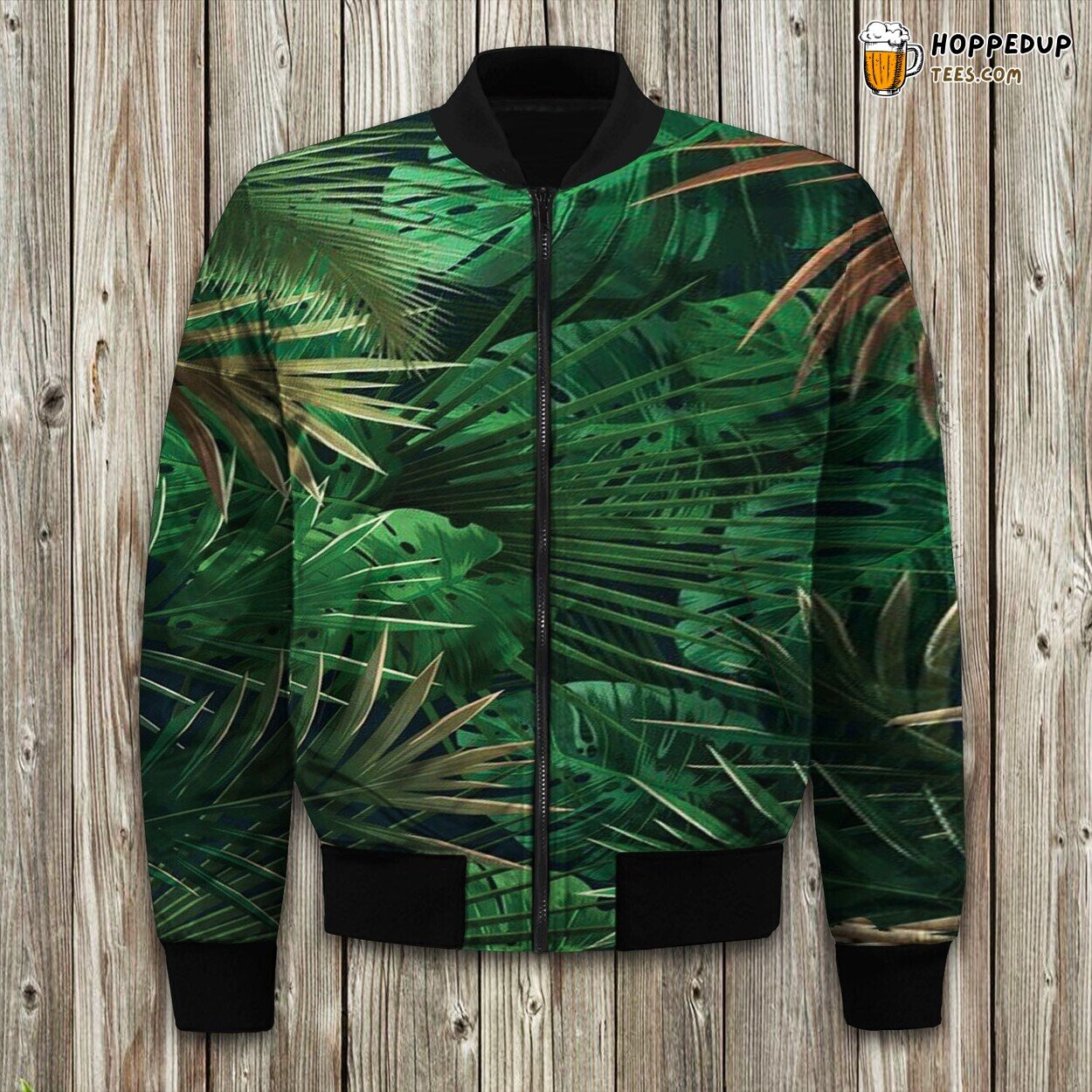 Tropical Green Palm Leaf Exotic Winter Bomber Jacket Luxurious Fit