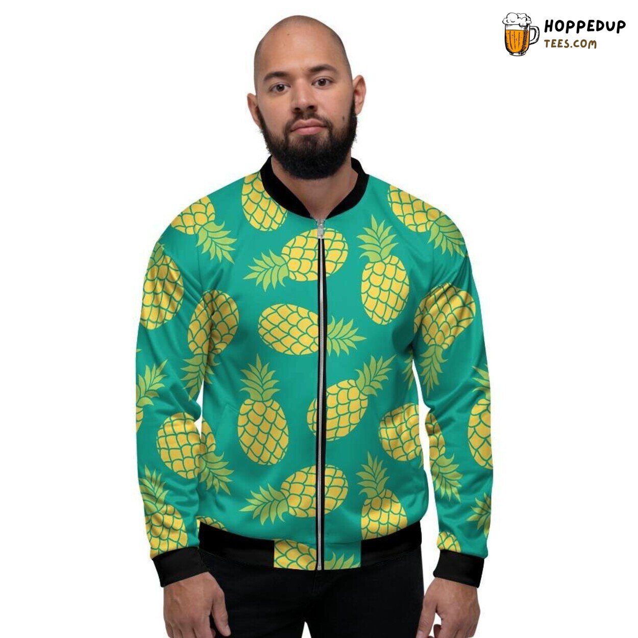 Tropical Green Pineapple Design Men’s Bomber Jacket Island Fruit Pattern