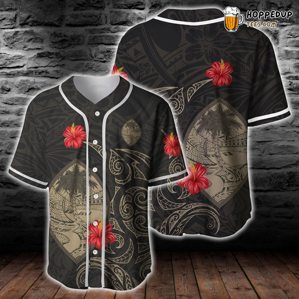 Tropical Guam Hibiscus Tattoo Style 3D Baseball Tee Jersey Shirt Island