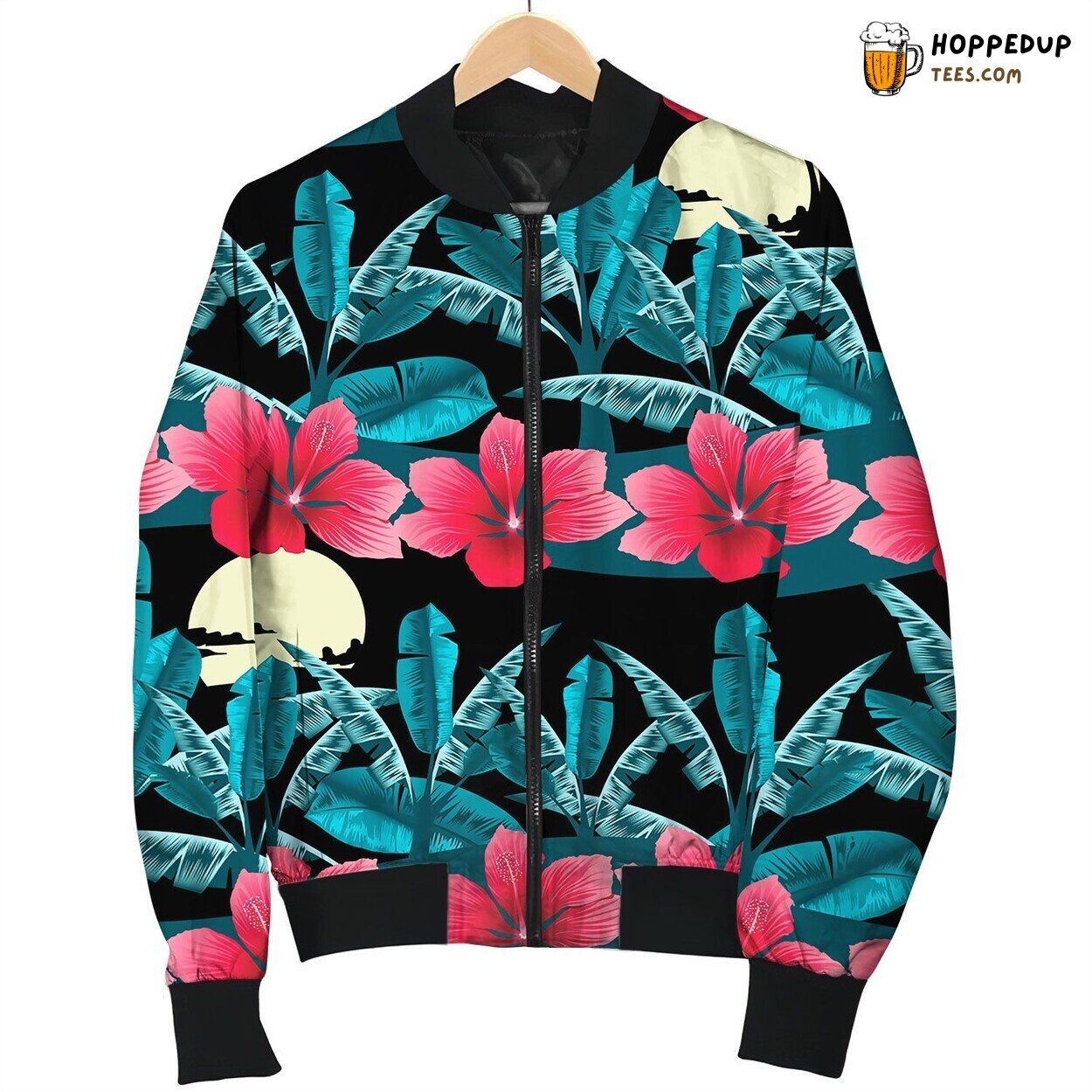 Tropical Hibiscus And Palm Tree At Night Seamless Bomber Jacket