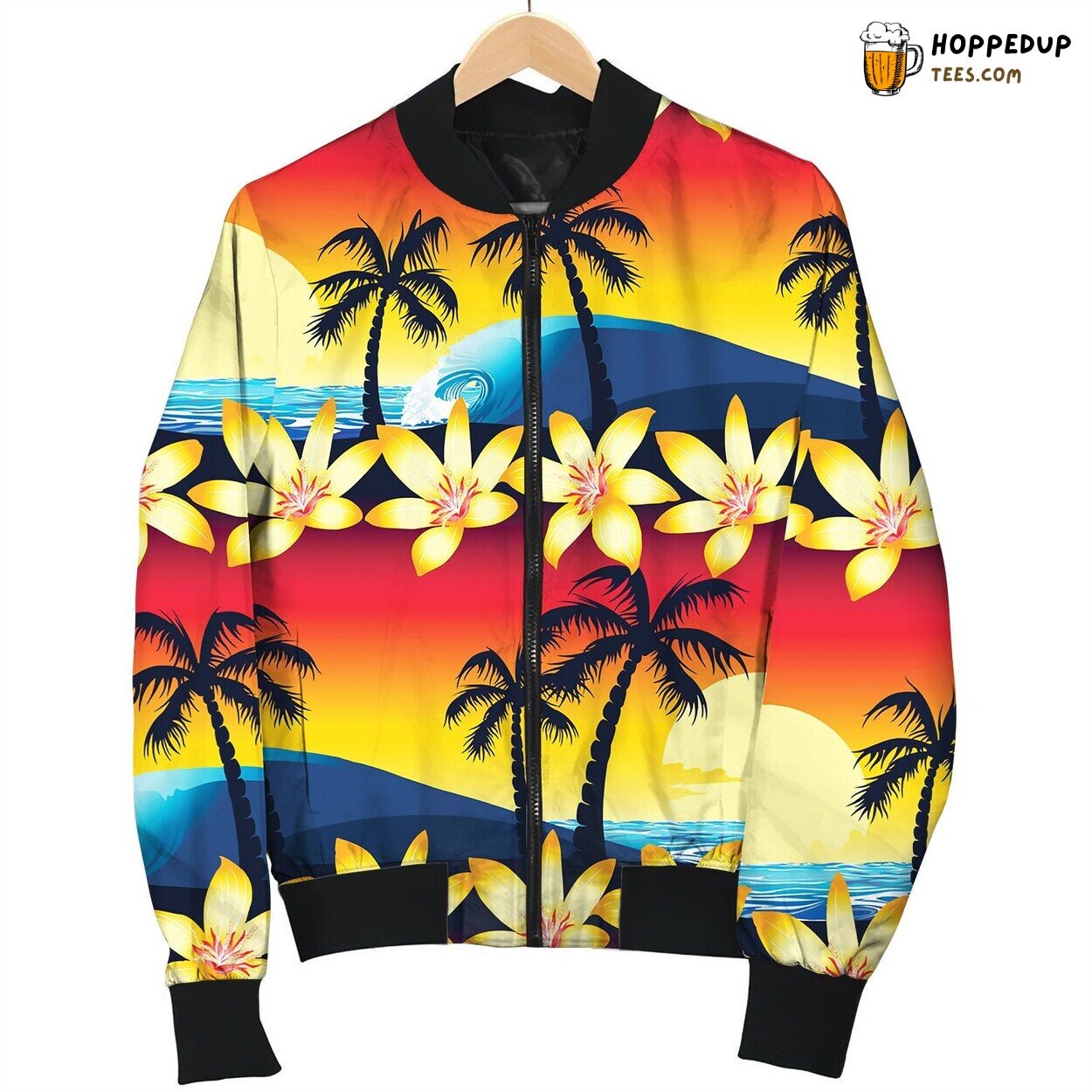 Tropical Hibiscus And Palm Tree At Sunset Seamless Bomber Jacket
