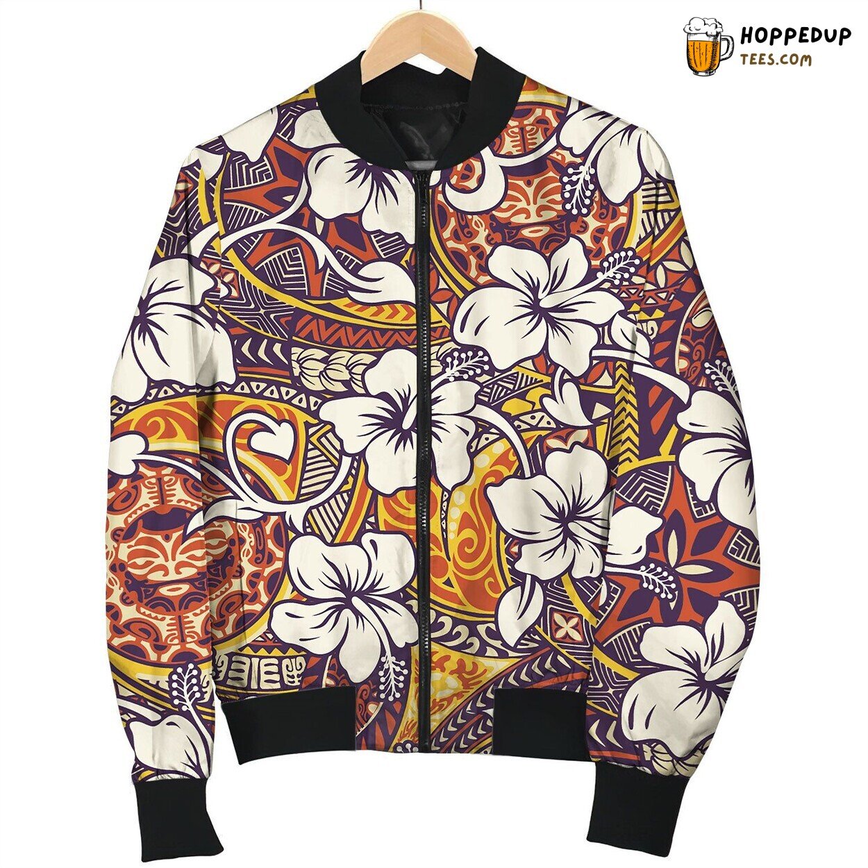 Tropical Hibiscus Flower With Tapa Tribal Tattoo Bomber Jacket