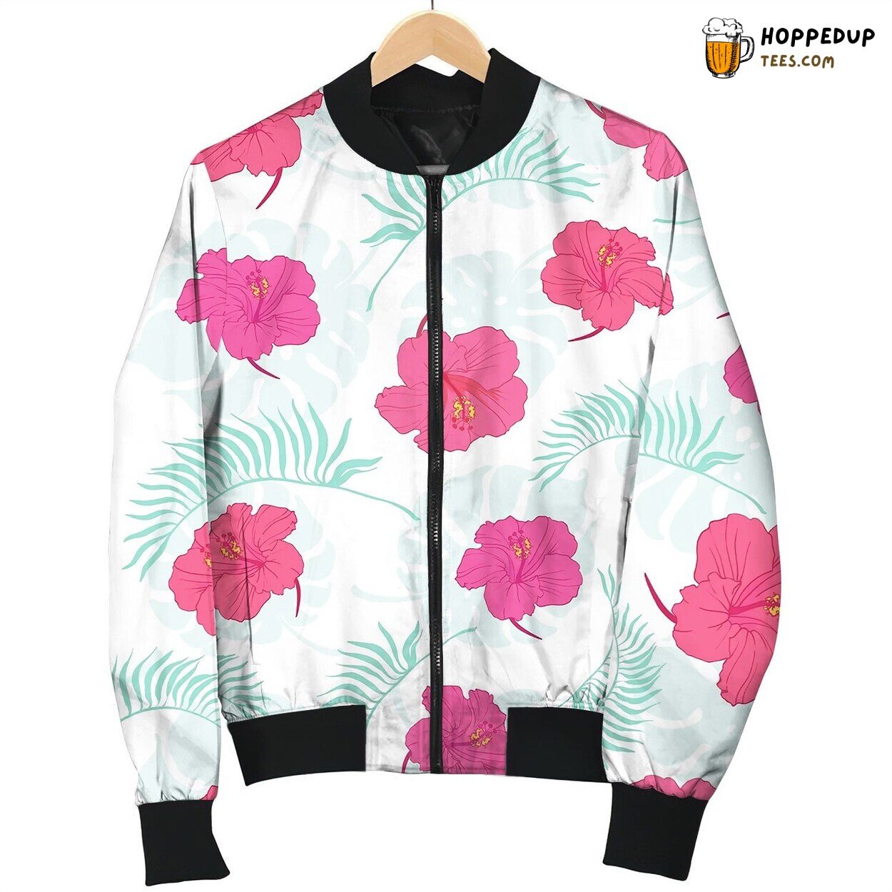 Tropical Hibiscus Flowers Seamless Repeat Pattern Bomber Jacket