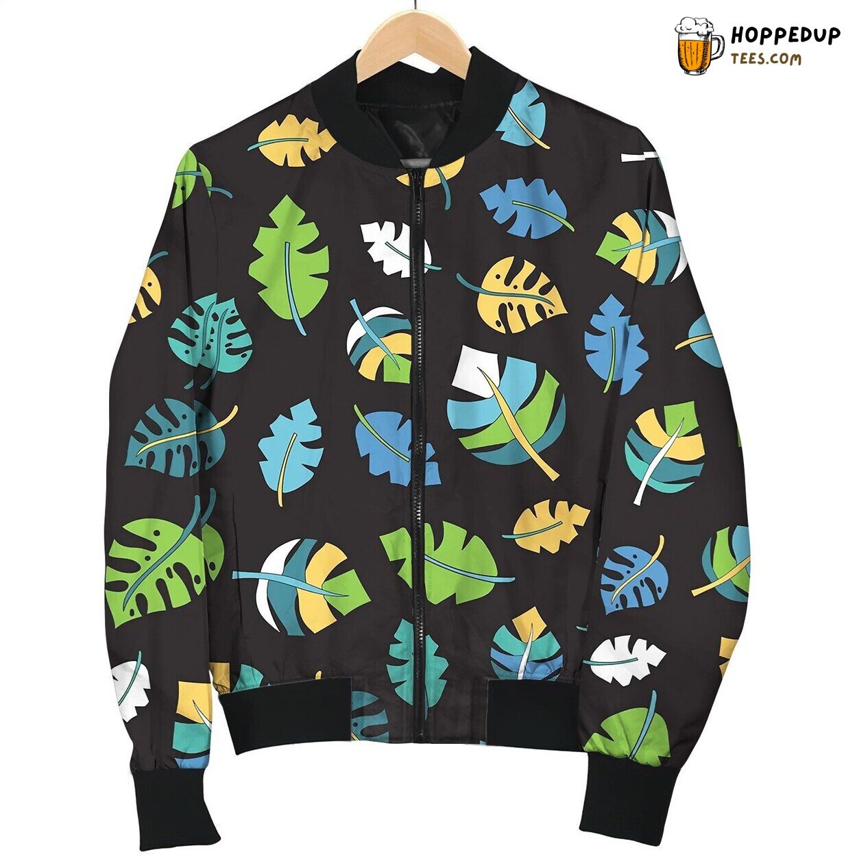 Tropical Leaf Seamless Pattern Black Bomber Jacket