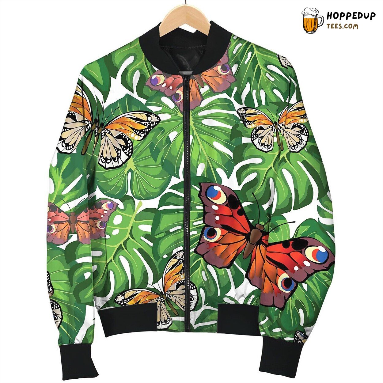 Tropical Leaves And Butterflies Bomber Jacket