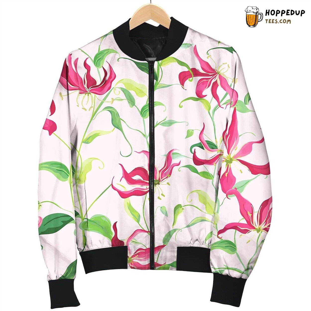 Tropical Leaves And Floral Background Fire Lily Bomber Jacket