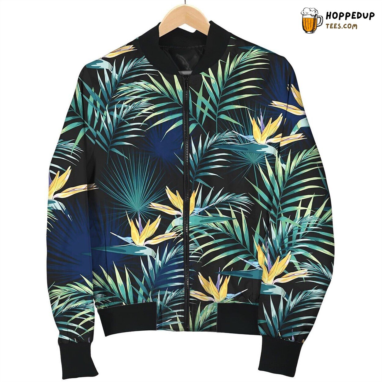 Tropical Leaves And Paradise Strelitzia Flowers Bomber Jacket