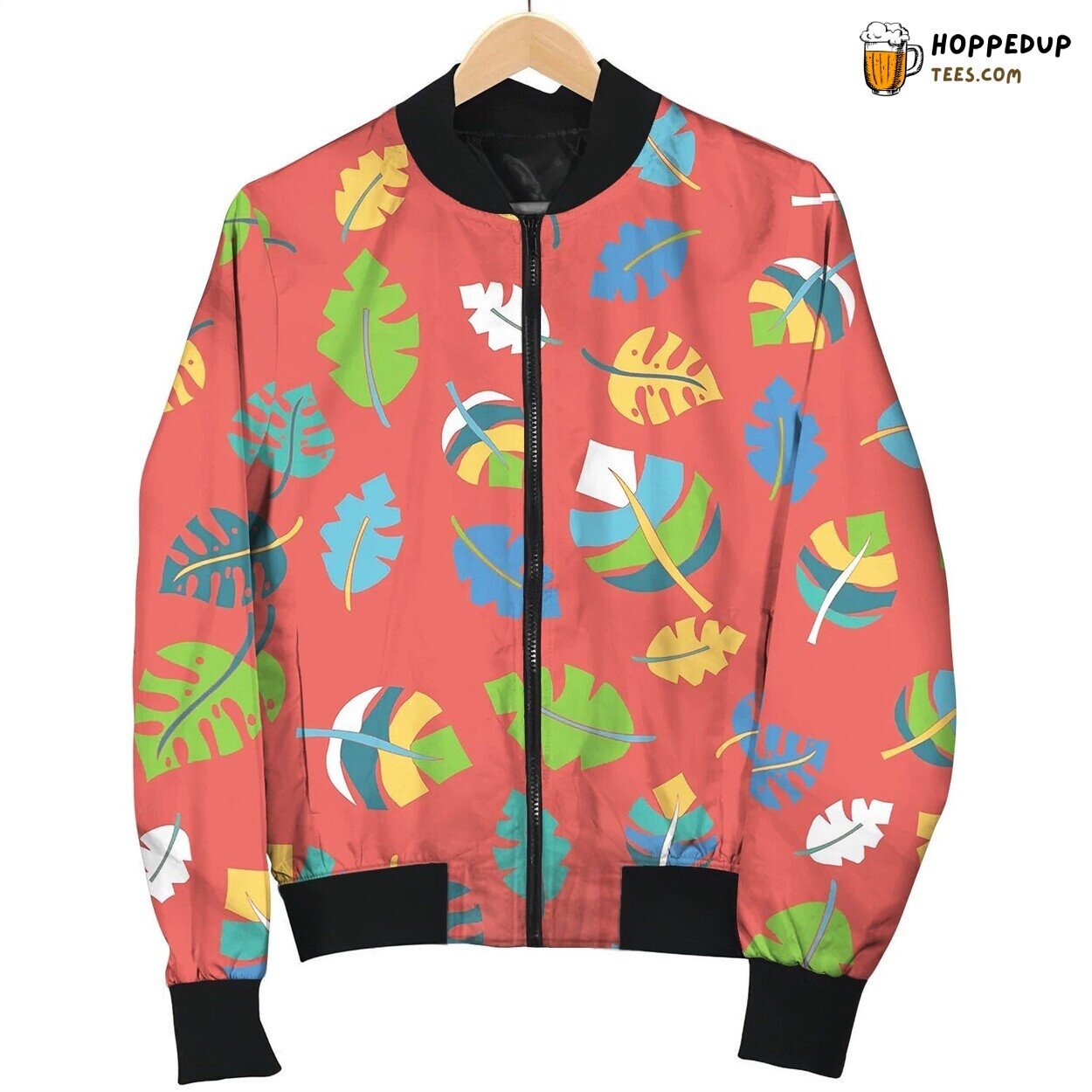 Tropical Leaves Hand Drawn Seamless Pattern Black Bomber Jacket