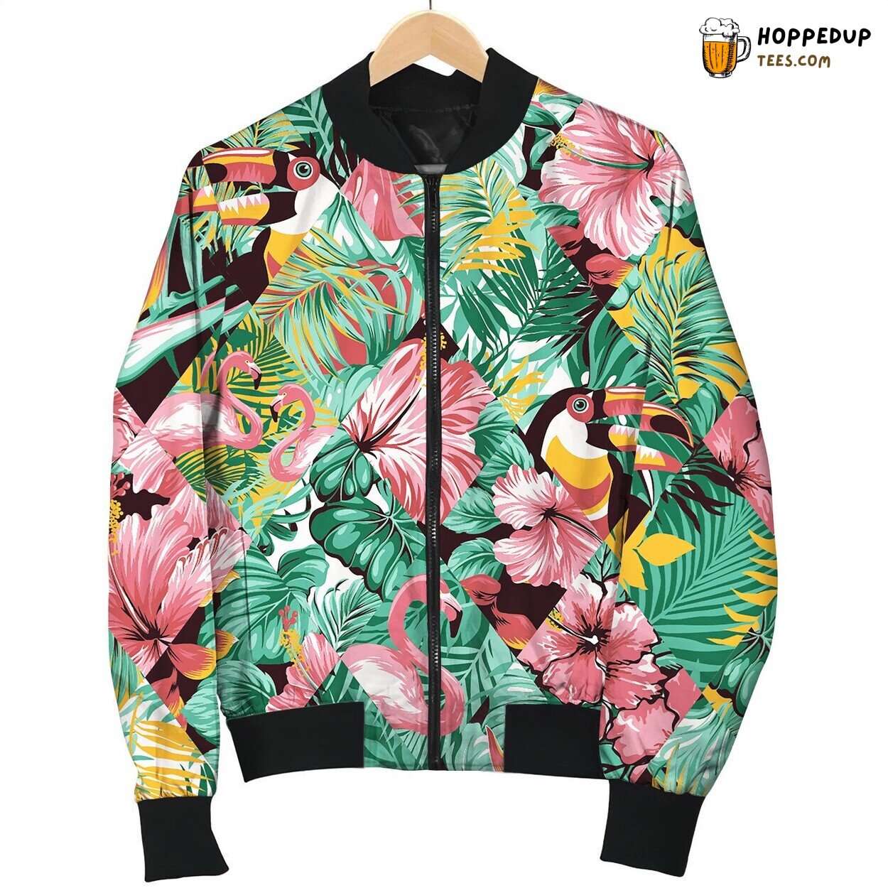 Tropical Leaves Hibiscus And Birds Patchwork Bomber Jacket