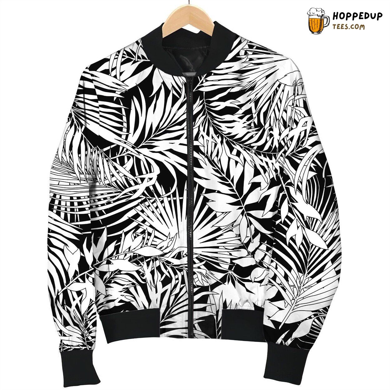 Tropical Leaves In Black And White Bomber Jacket