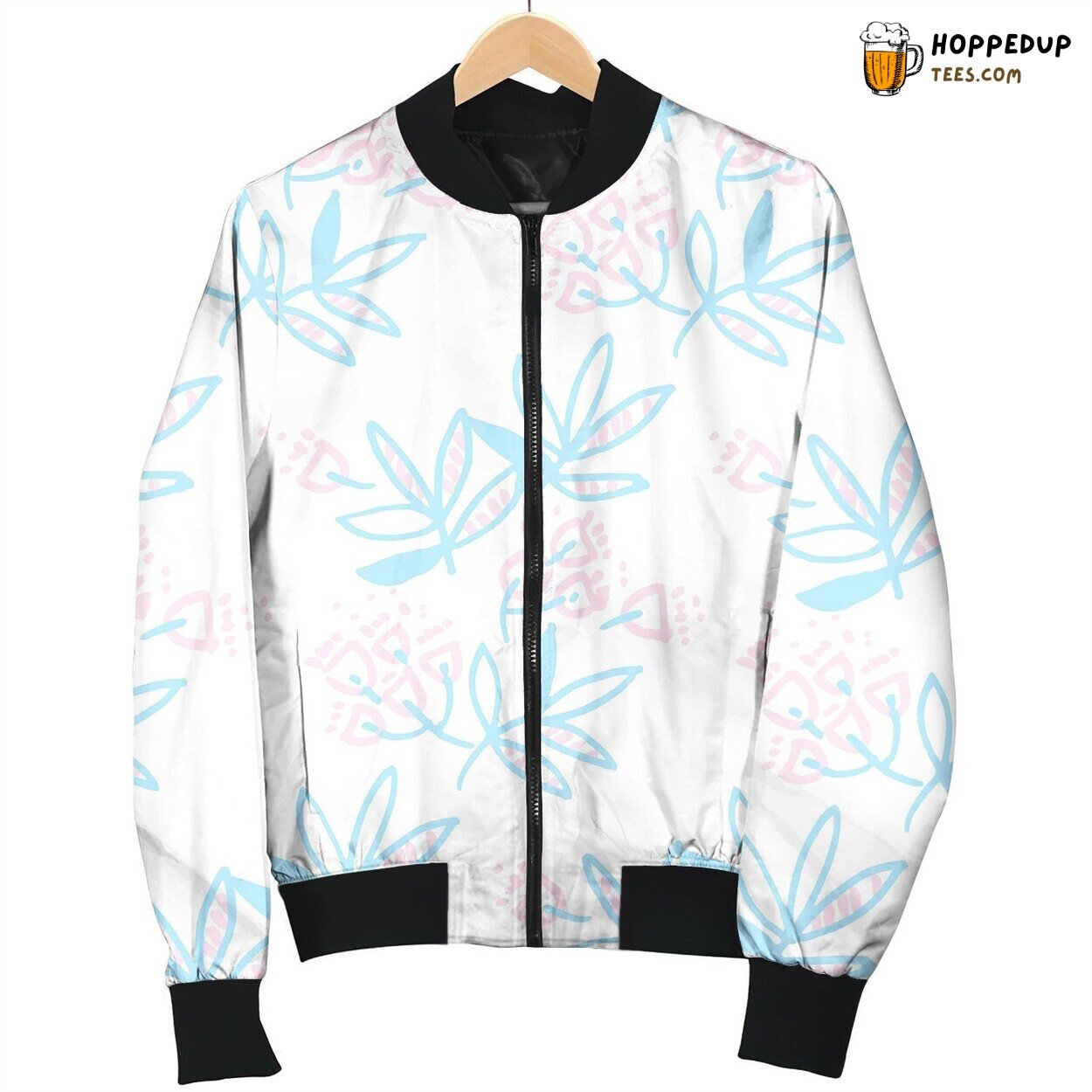 Tropical Leaves Pattern On White Bomber Jacket