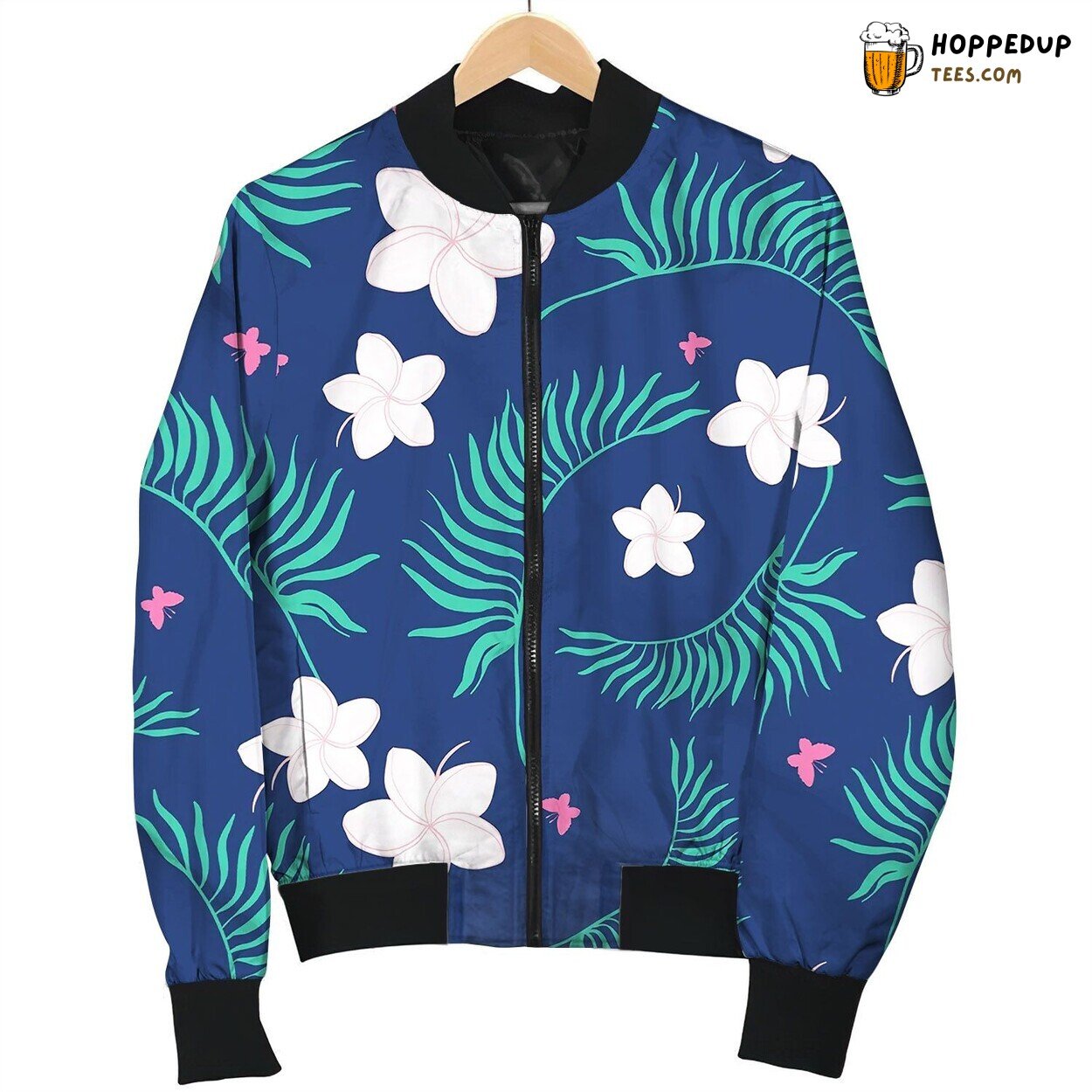 Tropical Navy And Pink Flowers Seamless Bomber Jacket