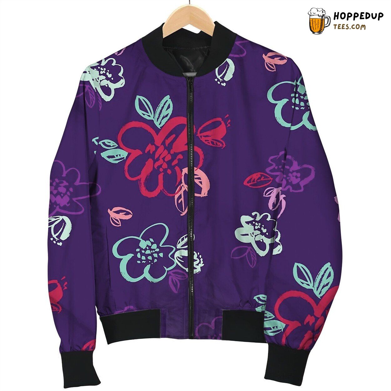 Tropical Night Colors Hand Drawn Flowers Bomber Jacket