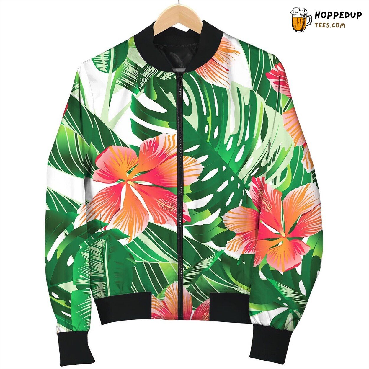 Tropical Orange And Pink Hibiscus Flowers Seamless Bomber Jacket