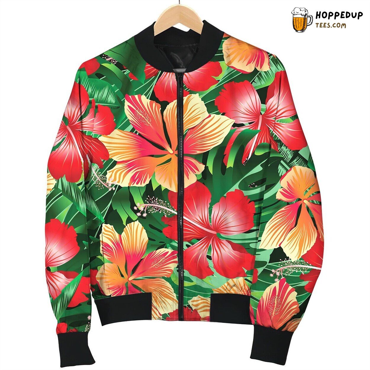 Tropical Orange And Red Variegated Hibiscus Bomber Jacket