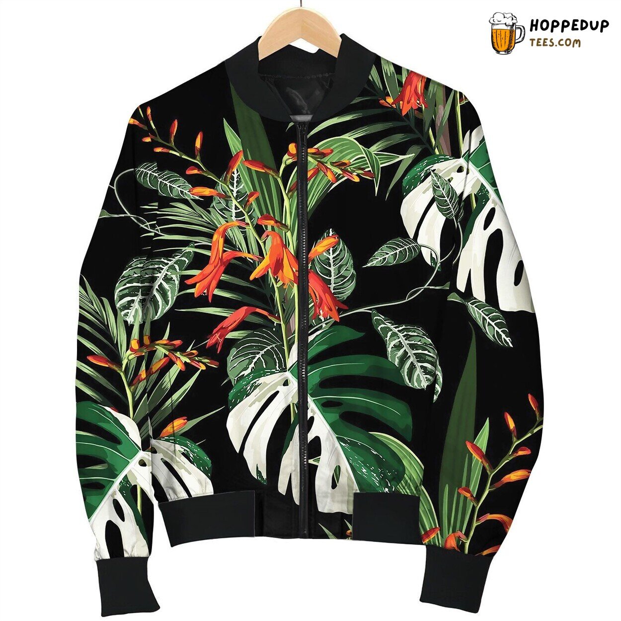 Tropical Orange Crocosmia Flowers And Leaves Love Bomber Jacket