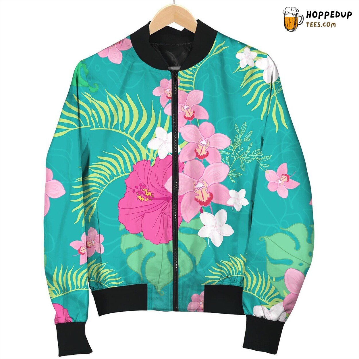 Tropical Orchid And Hibiscus Flowers Pattern Bomber Jacket